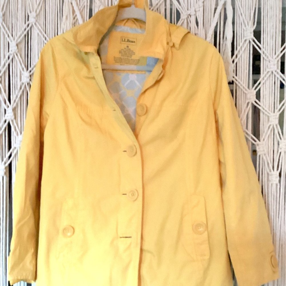 LL Bean Yellow Cotton Rain Jacket Hooded Trench